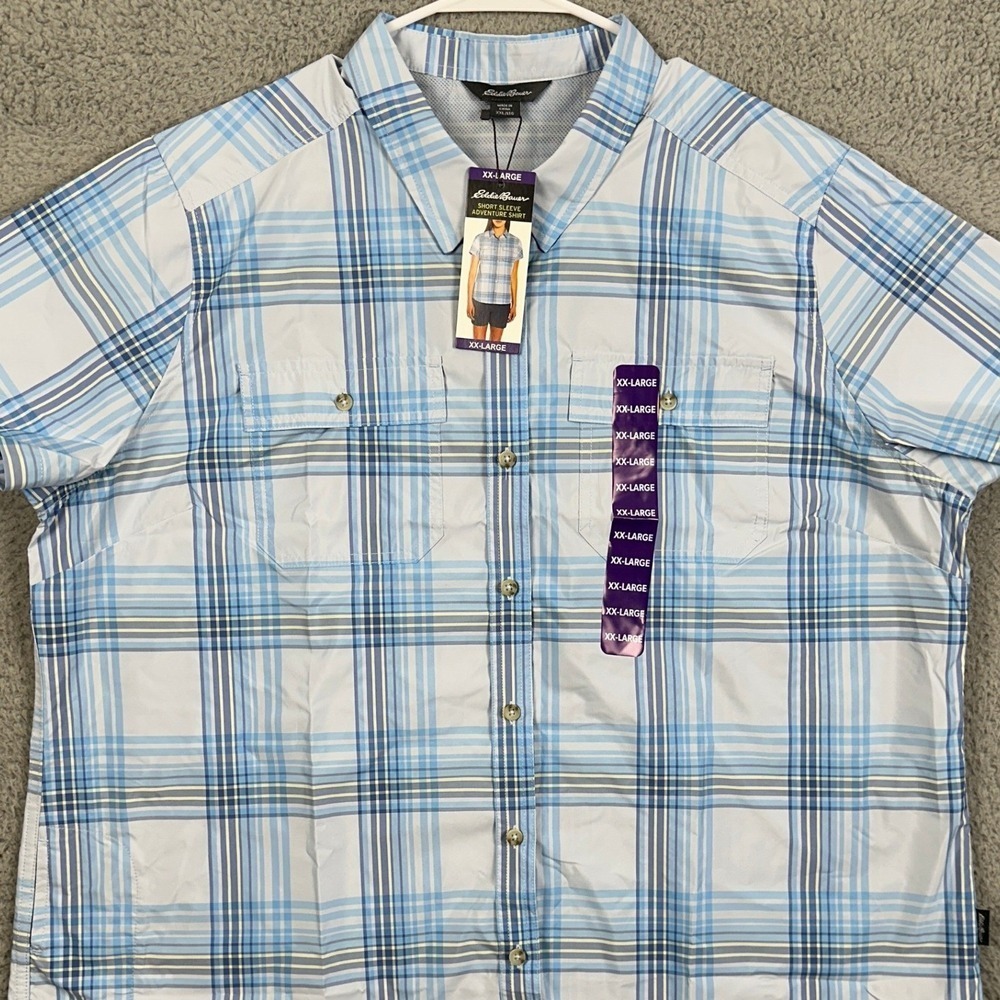 Eddie Bauer Adventure Shirt Womens 2XL Blue Plaid Button Up Pocket Hiking NEW